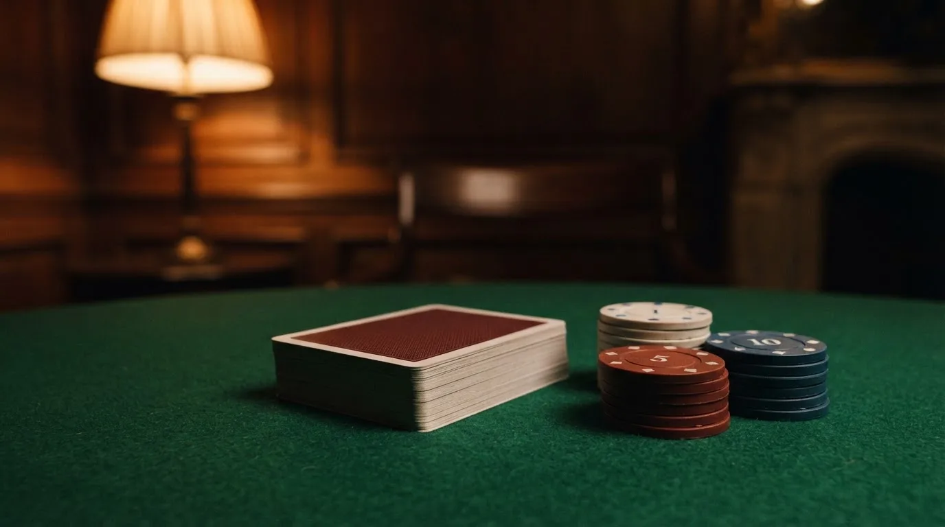 Kortlek och staplar av spelmarker på ett grönt filtbord i en dunkel salong, varmt lampsken — svenska casinon med skrill