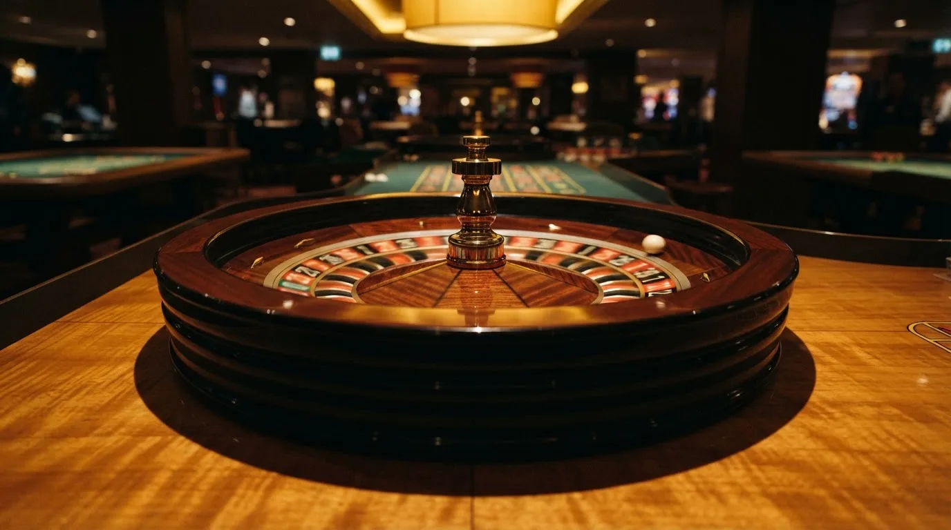 Ett roulettehjul snurrar på ett blankt träbord, den vita kulan glimmar i takljusets guld — svenska casinon med sms betalning