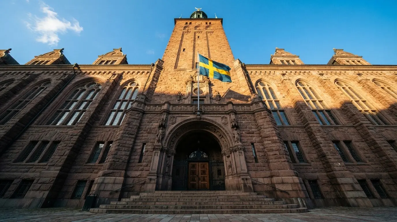 Ett gammalt stadshus i sten fotograferat underifrån mot en klarblå himmel, med den svenska flaggan som fladdrar ovanför entrén.