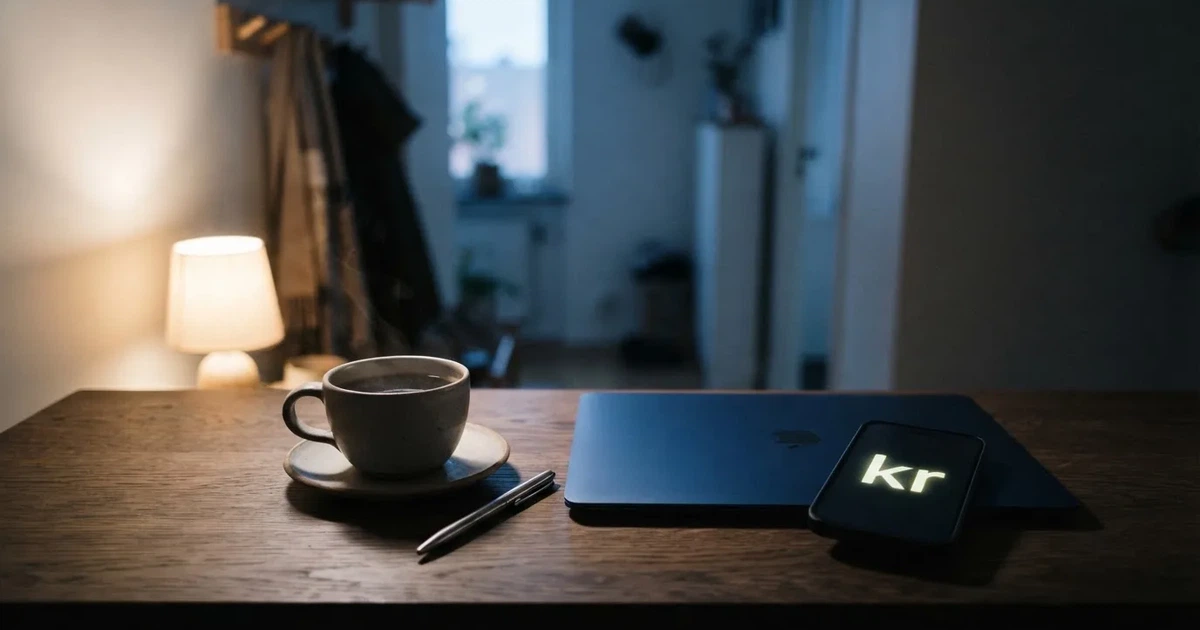 Kaffekopp och penna på ett smalt hallbord i skymning, en stängd bärbar dator vid sidan — svenska casinon med swish