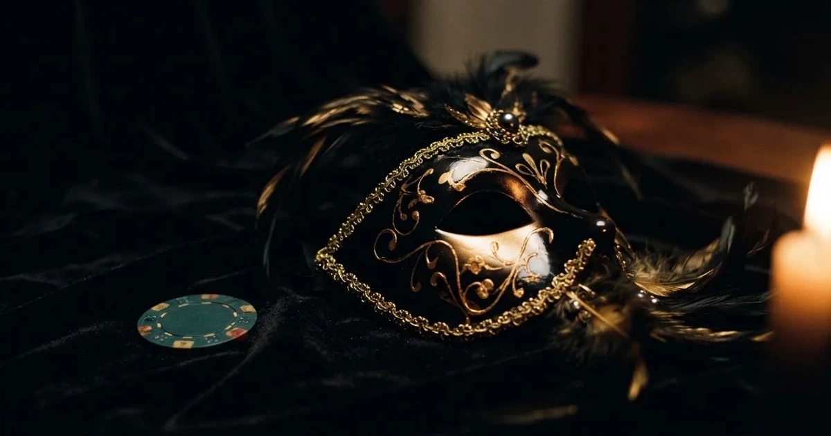 En venetiansk mask på svart sammet, ljuslågan speglas i dess blanka yta — svenska casinon med tether