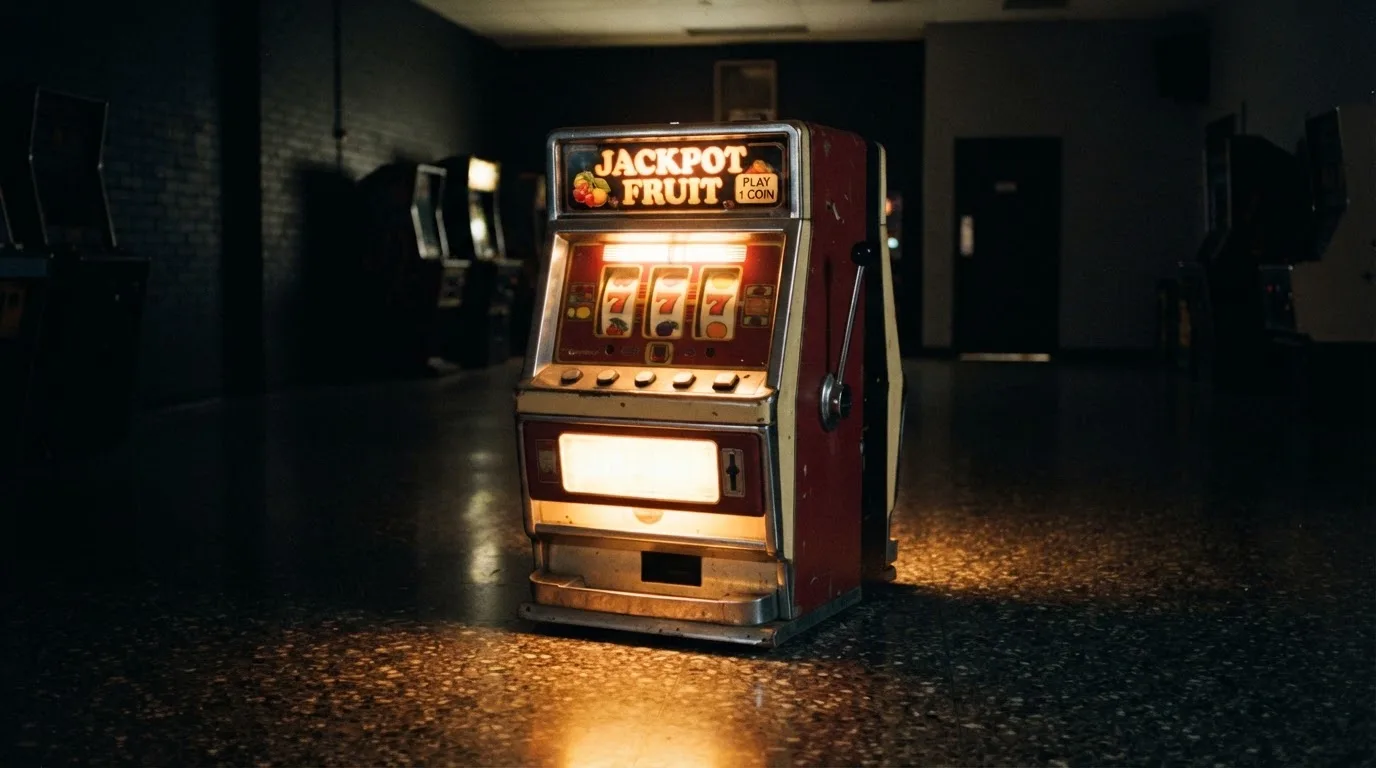 En gammal spelautomat lyser i den dunkla hallen och speglar sig i golvet — svenska casinon med tron