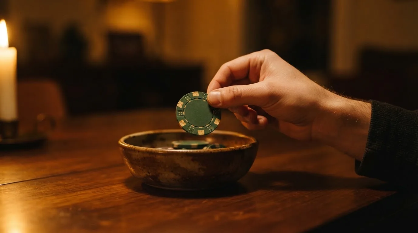 En hand lyfter en spelmark ur en skål, ljuslågan färgar bordet gyllenbrunt — svenska casinon med trustly