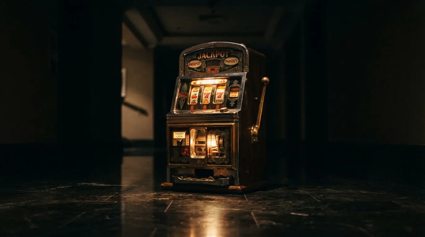 En gammal spelautomat lyser i den dunkla hallen och speglar sig i golvet — svenska casinon med visa