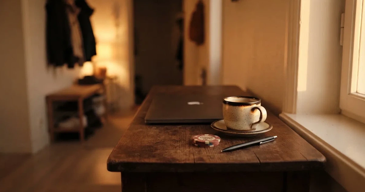 Kaffekopp och penna på ett smalt hallbord i skymning, en stängd bärbar dator vid sidan — svenska casinon med visa