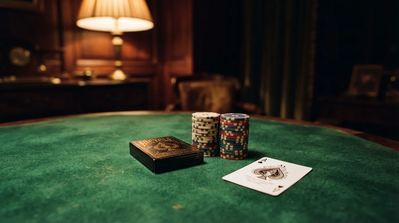 Kortlek och staplar av spelmarker på ett grönt filtbord i en dunkel salong, varmt lampsken — svenska casinon med zimpler
