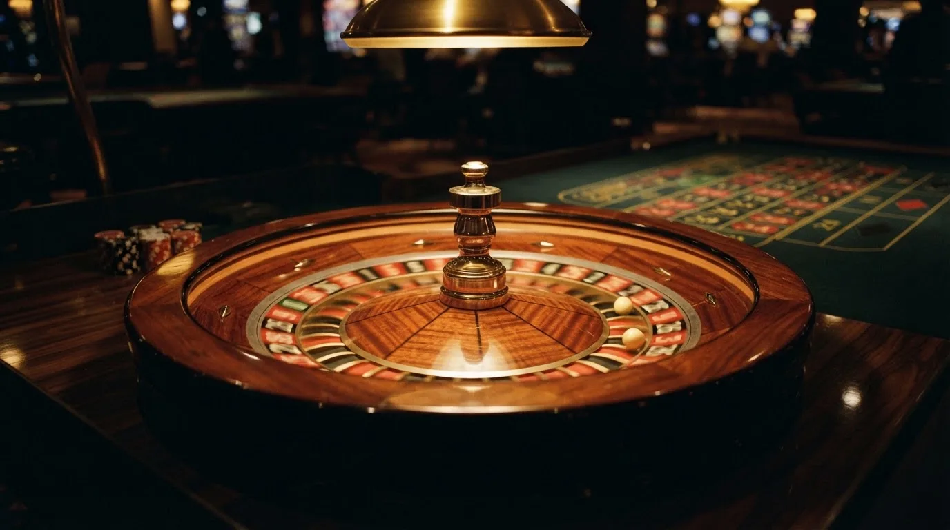 Ett roulettehjul snurrar på ett blankt träbord, den vita kulan glimmar i takljusets guld — svenska casinon på android