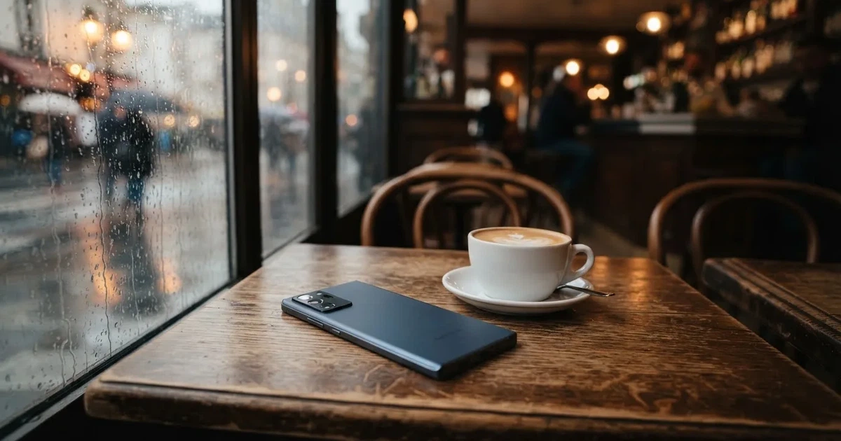 En mobil med framsidan nedåt på ett kafébord, bredvid en latte och regn mot rutan — svenska casinon på android