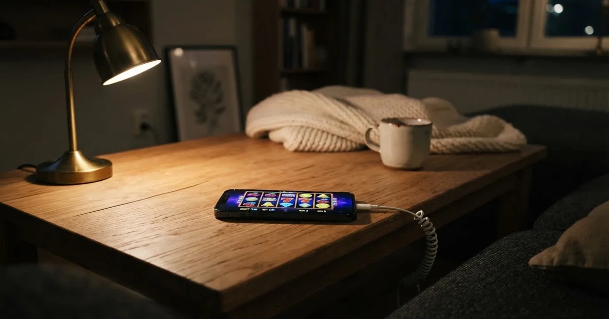 En smartphone ligger med baksidan upp på soffbordet, laddsladden ringlar och läslampan lyser mjukt — svenska casinon på ios