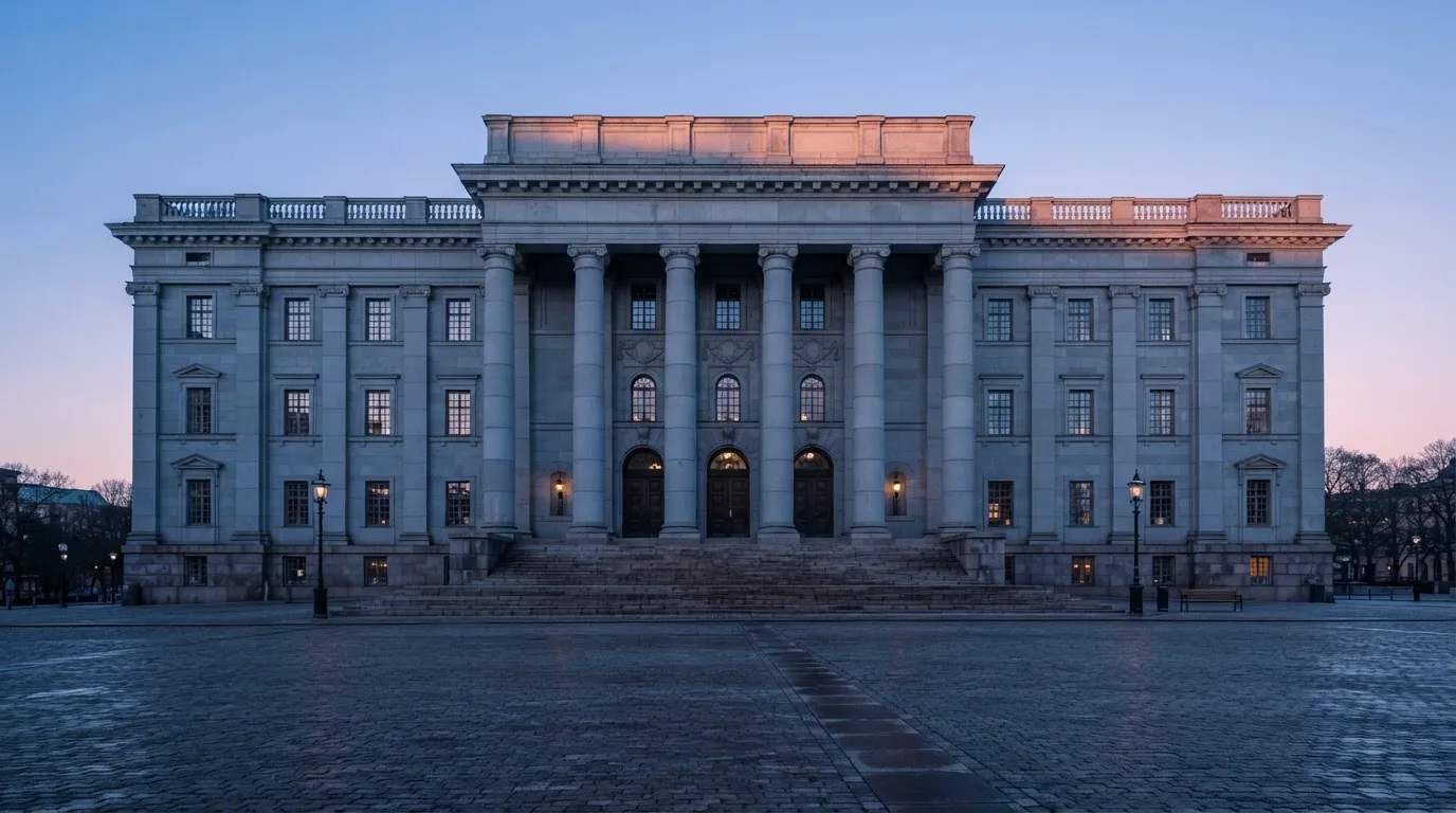 Stenfasad på en statlig byggnad i Stockholm vid gryning, höga pelare och ett tomt torg framför — svenska casinon på ios