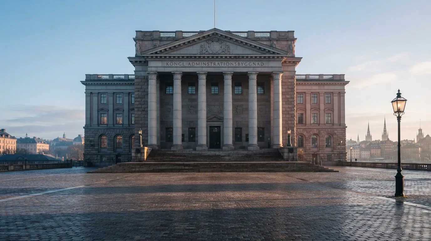 Stenfasad på en statlig byggnad i Stockholm vid gryning, höga pelare och ett tomt torg framför — svenska casinon på nätet