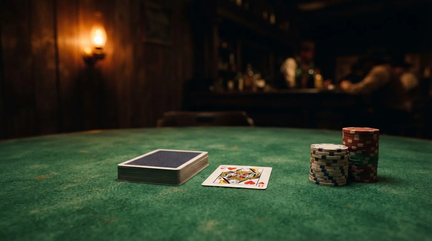 Kortlek och staplar av spelmarker på ett grönt filtbord i en dunkel salong, varmt lampsken — svenska casinon utan konto