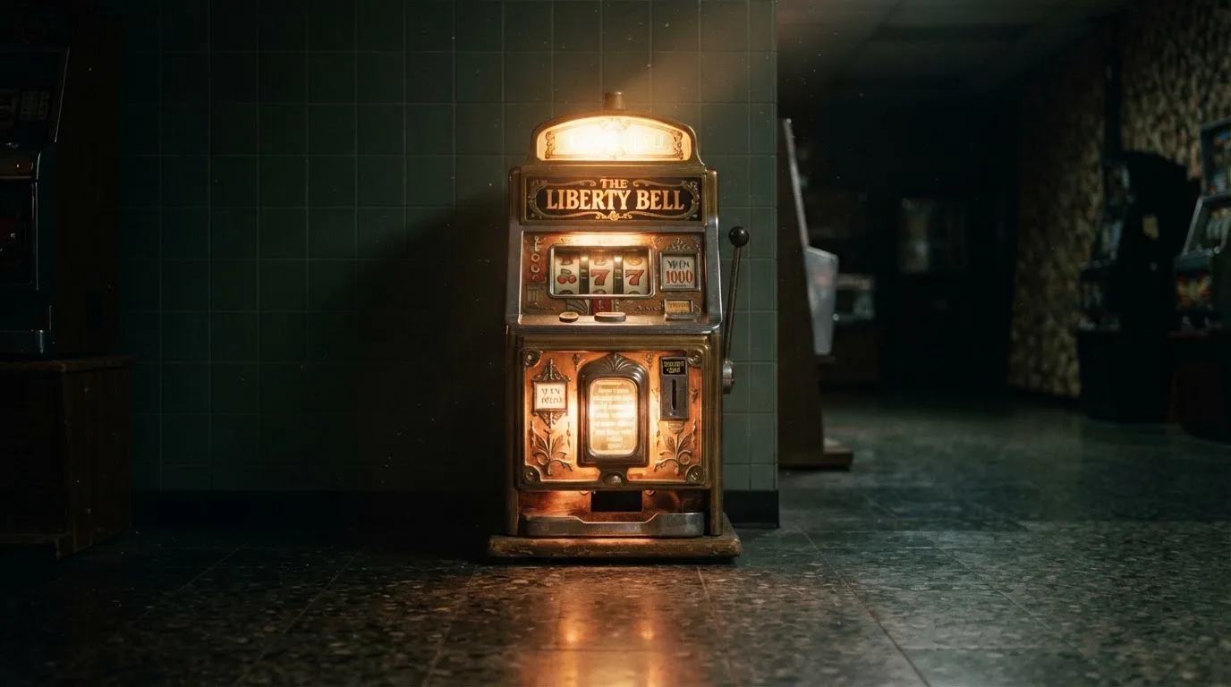En gammal spelautomat lyser i den dunkla hallen och speglar sig i golvet — svenska casinon utan registrering