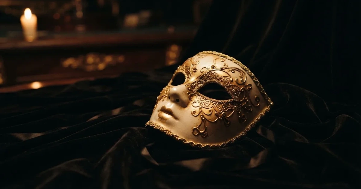 En venetiansk mask på svart sammet, ljuslågan speglas i dess blanka yta — svenska casinon utan registrering