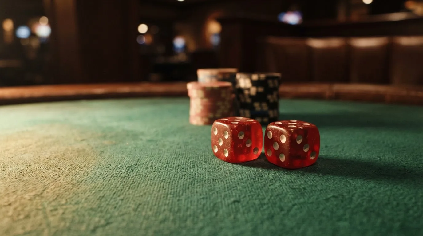 Röda tärningar vilar på grönt filt, bakom dem suddiga torn av spelmarker i kvällsdunklet — svenska casinon utan spelpaus