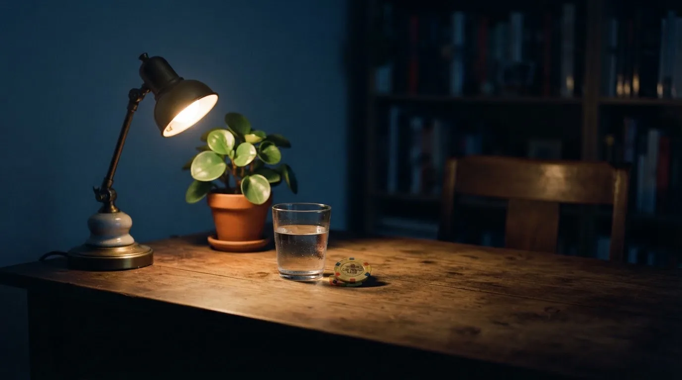 En skrivbordslampa lyser upp ett vattenglas och en kruka, rummet bakom mörknar sakta — svenska casinosidor