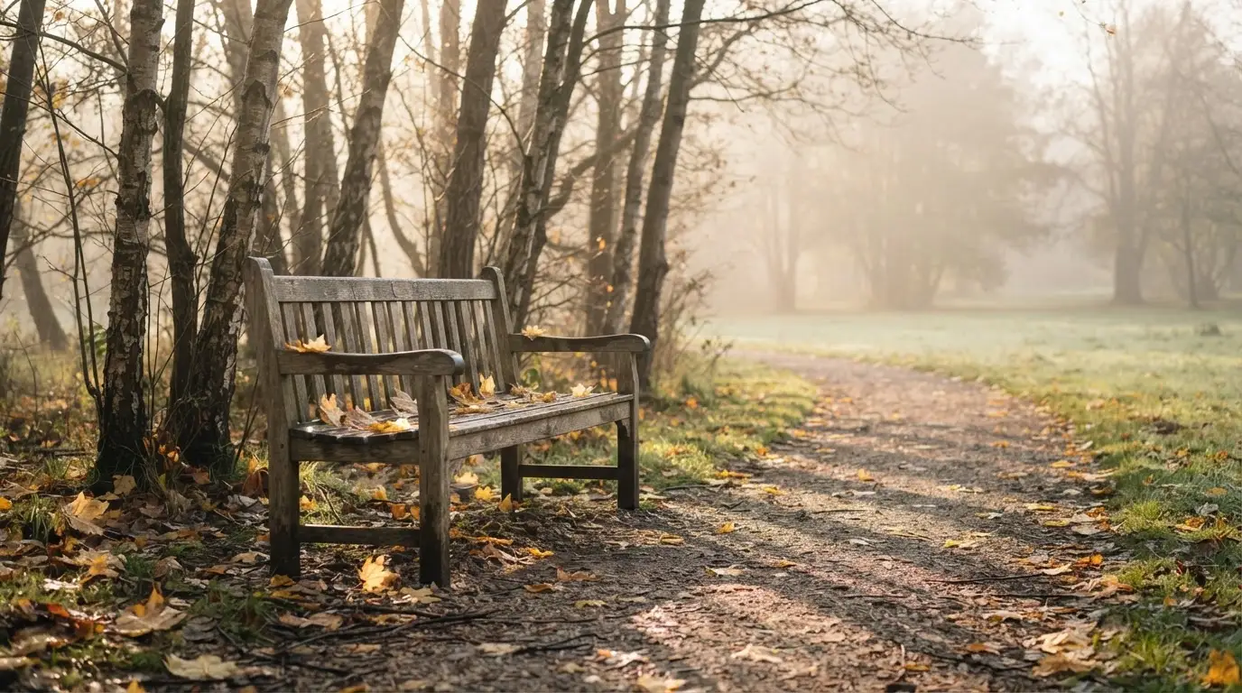 En tom parkbänk en höstmorgon, gula lönnlöv på stigen och låg sol mellan träden — svenska internet casinon