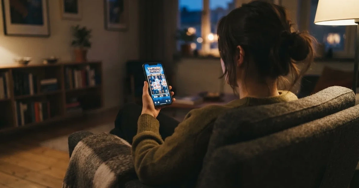 En hand håller en smartphone med skärmen vänd nedåt medan personen sitter avslappnat i en fåtölj i mjukt ljus.
