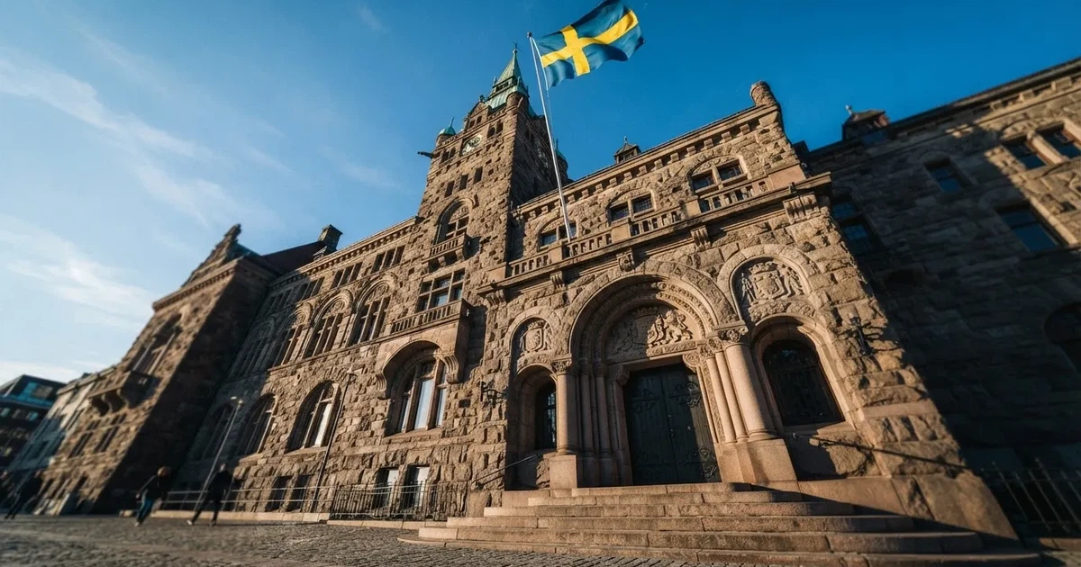 Ett gammalt stadshus i sten fotograferat underifrån mot en klarblå himmel, med den svenska flaggan som fladdrar ovanför entrén.
