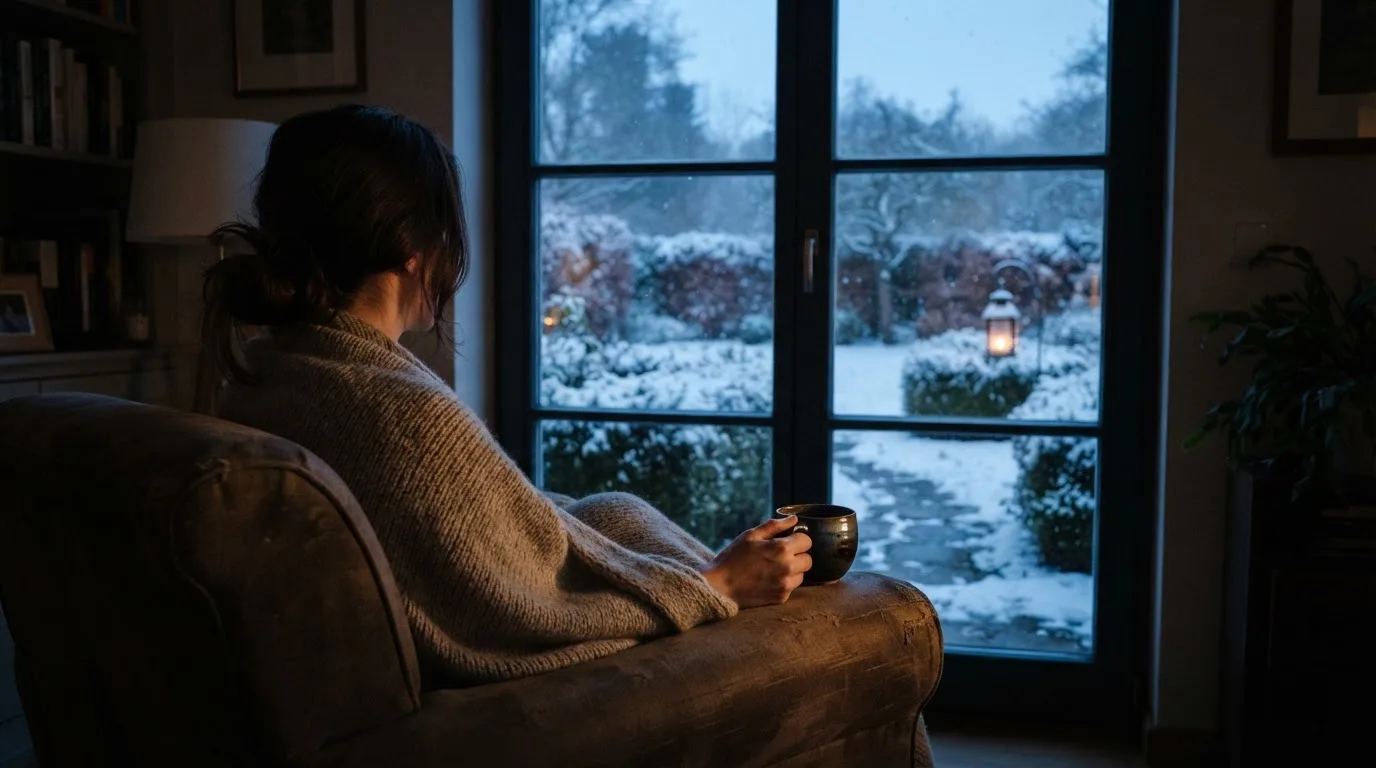 En person sitter ensam vid ett fönster i skymningen och håller en tekopp, med en rofylld vinterträdgård synlig utanför glaset.