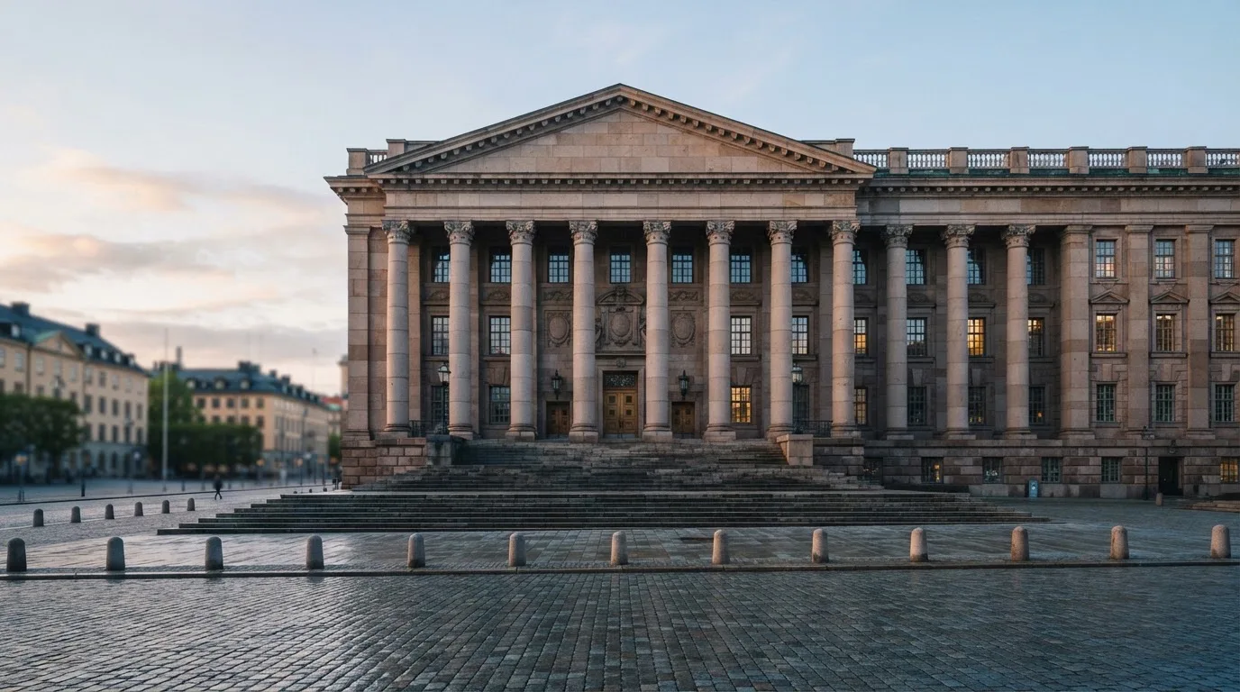 Stenfasad på en statlig byggnad i Stockholm vid gryning, höga pelare och ett tomt torg framför — topp casinon i sverige