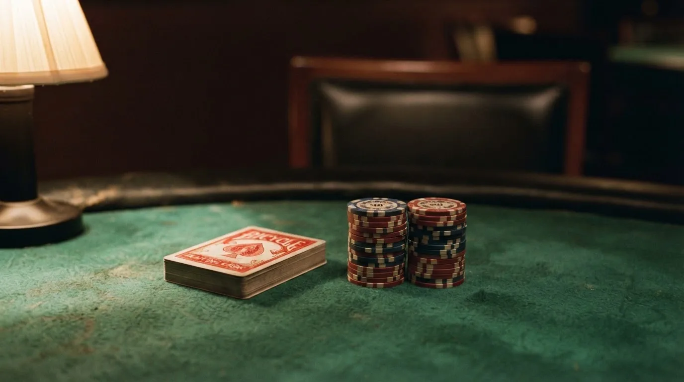 Kortlek och staplar av spelmarker på ett grönt filtbord i en dunkel salong, varmt lampsken — utländska casinon i sverige