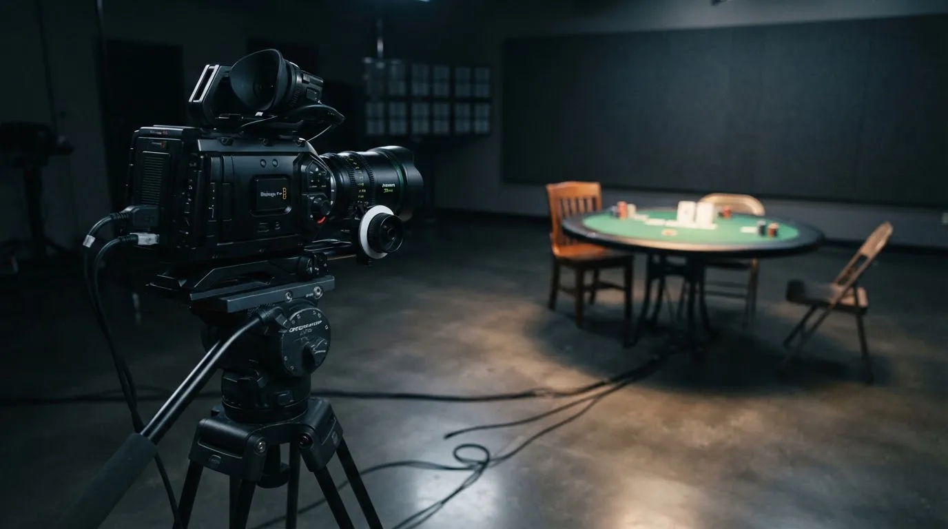 Videokamera på stativ riktad mot ett upplyst bord i en tom studio — live blackjack i sverige