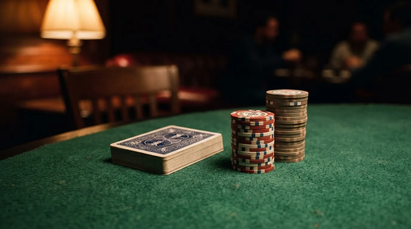 Kortlek och staplar av spelmarker på ett grönt filtbord i en dunkel salong, varmt lampsken — vinna på svenska casino